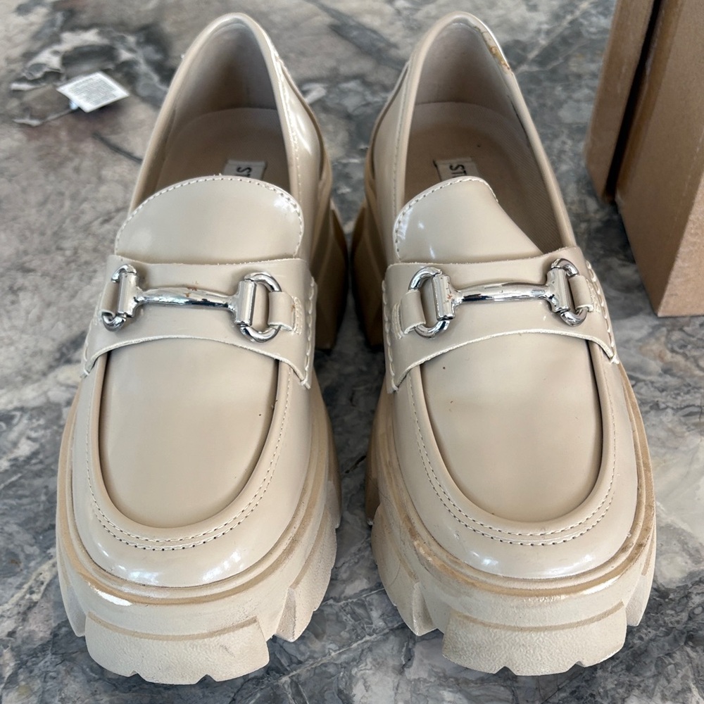 Steve Madden Cream Patent Loafers with Silver Bit
